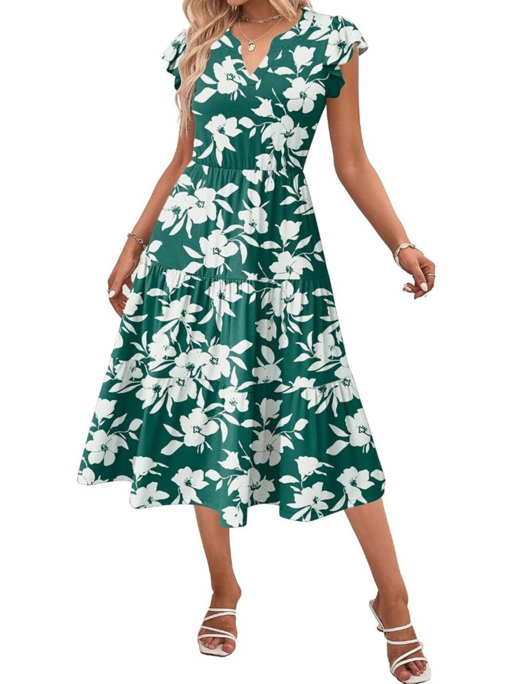 Women's Green Summer Boho Dress Ruffle Sleeve V Neck Midi Dress with Pockets